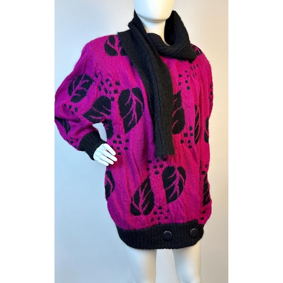 Vintage PGE 1980s Mohair Blend Cardigan Sweater Jacket Attached Scarf Floral KC - Picture 1 of 10